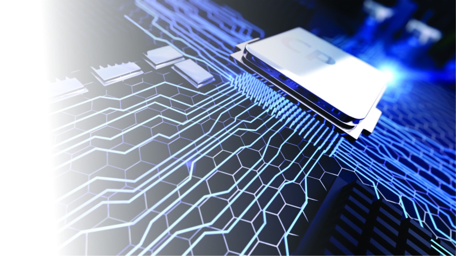 A processor seated on a glowing circuit board